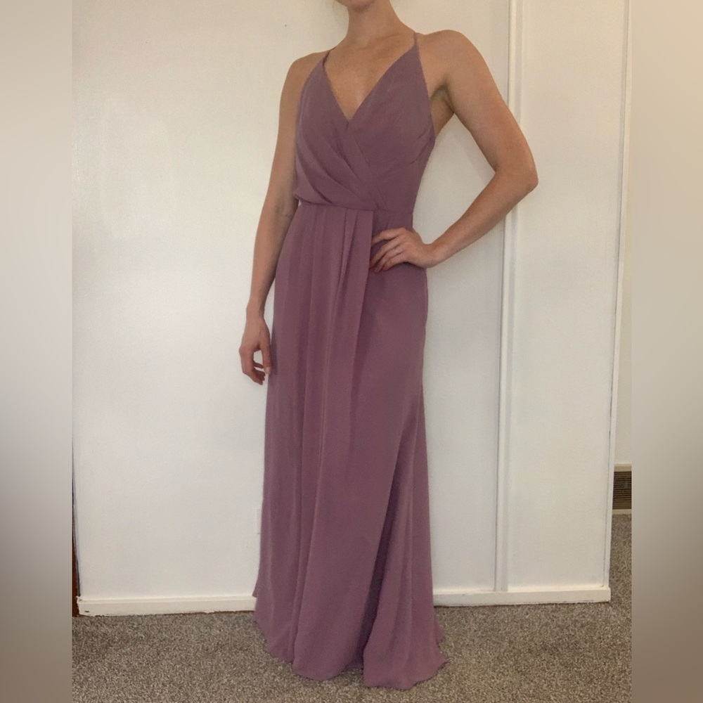 Bill Levkoff purple bridesmaids dress